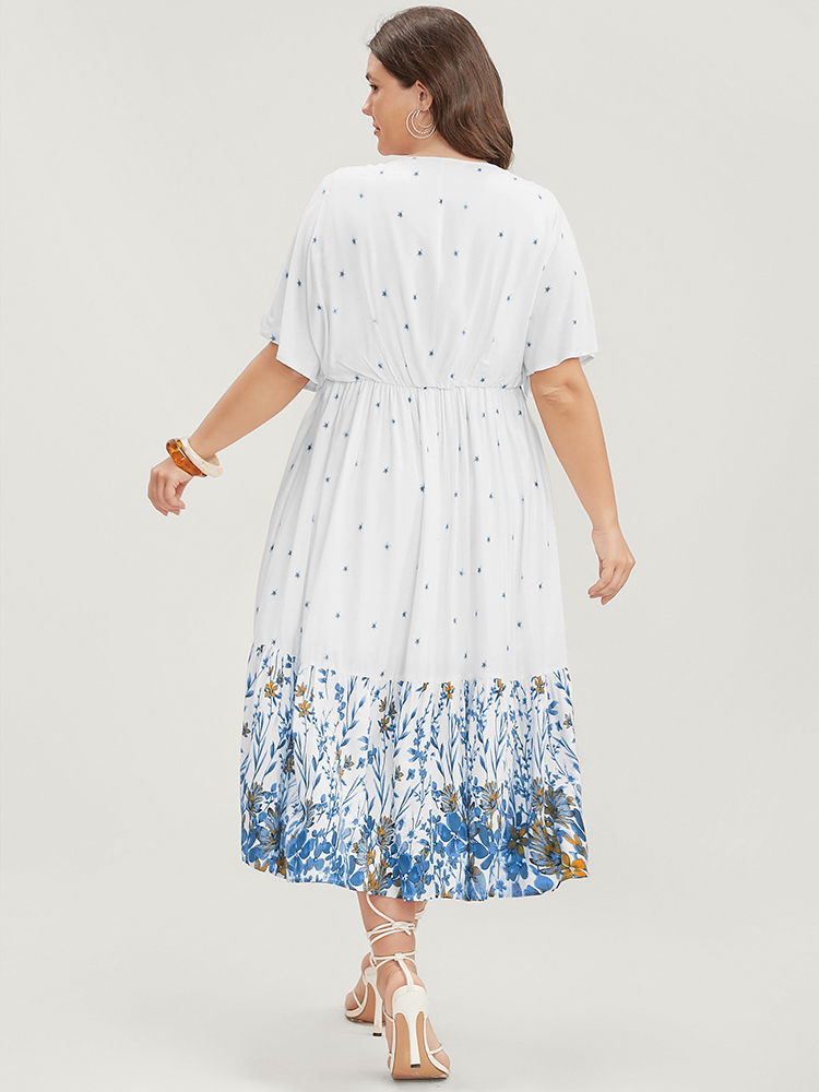 

Plus Size Floral Print Dolman Sleeve V Neck Pocket Ruffle Hem Dress Cerulean Women Vacation Patchwork V-neck Half Sleeve Curvy Midi Dress BloomChic