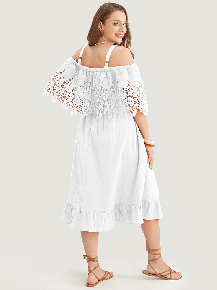 

Plus Size Solid Cold Shoulder Contrast Lace Pocket Ruffle Hem Dress White Women Resort Broderie anglaise Non Short sleeve Curvy Midi Dress BloomChic