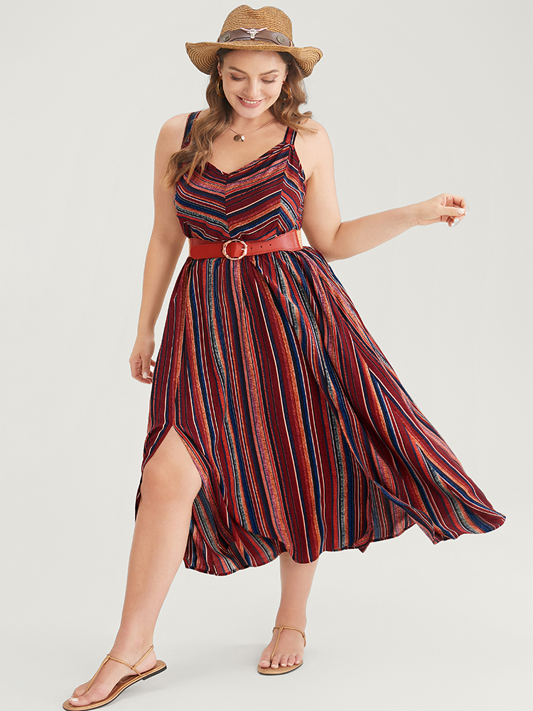 

Plus Size Striped Contrast Pocket Split Ruffle Hem Spaghetti Strap Dress Raspberry Women Resort Non V-neck Sleeveless Curvy Midi Dress BloomChic