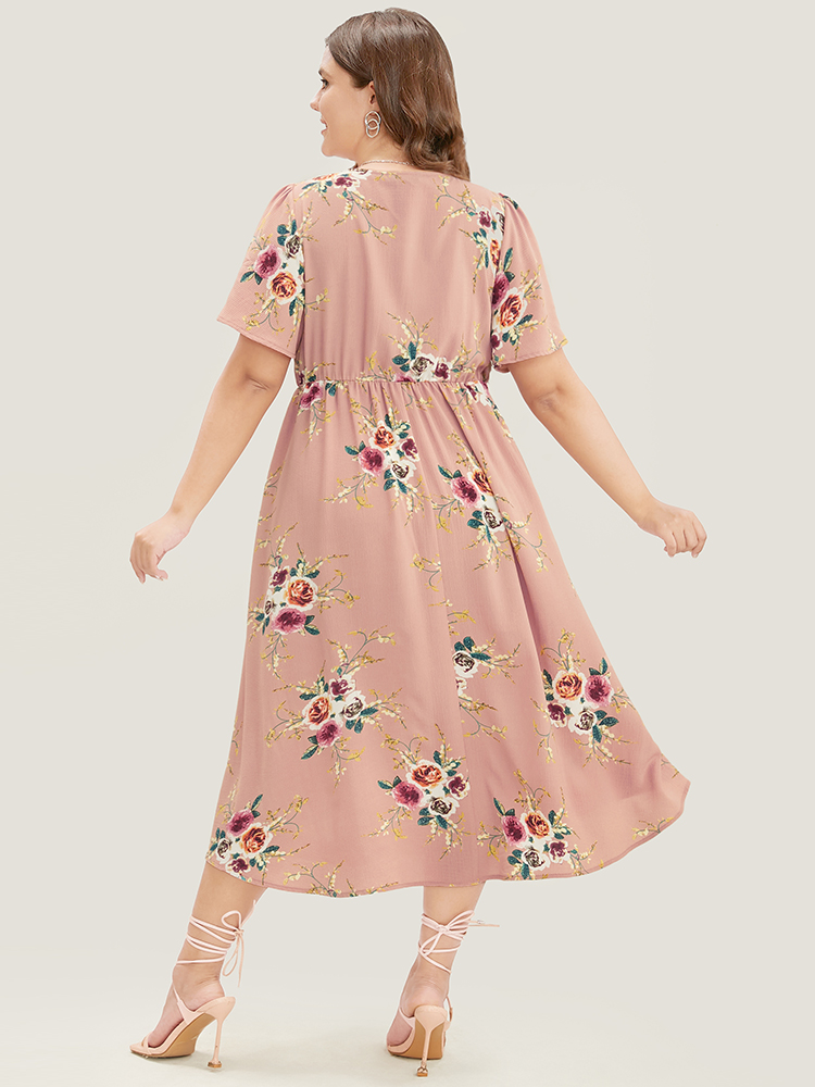 Plus Size Floral Printed Lace Wrap Pocket Split Ruffles Hem Dress DustyPink Women Elegant Lace V-neck Short sleeve Curvy Midi Dress BloomChic 22-24/3X 