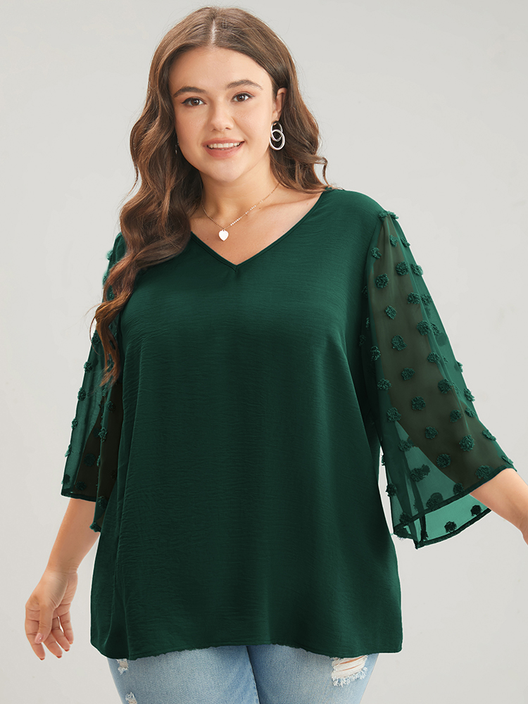 

Plus Size ArmyGreen Polka Dot Mesh Patchwork Flounce Sleeve Blouse Women Casual Elbow-length sleeve V-neck Dailywear Blouses BloomChic