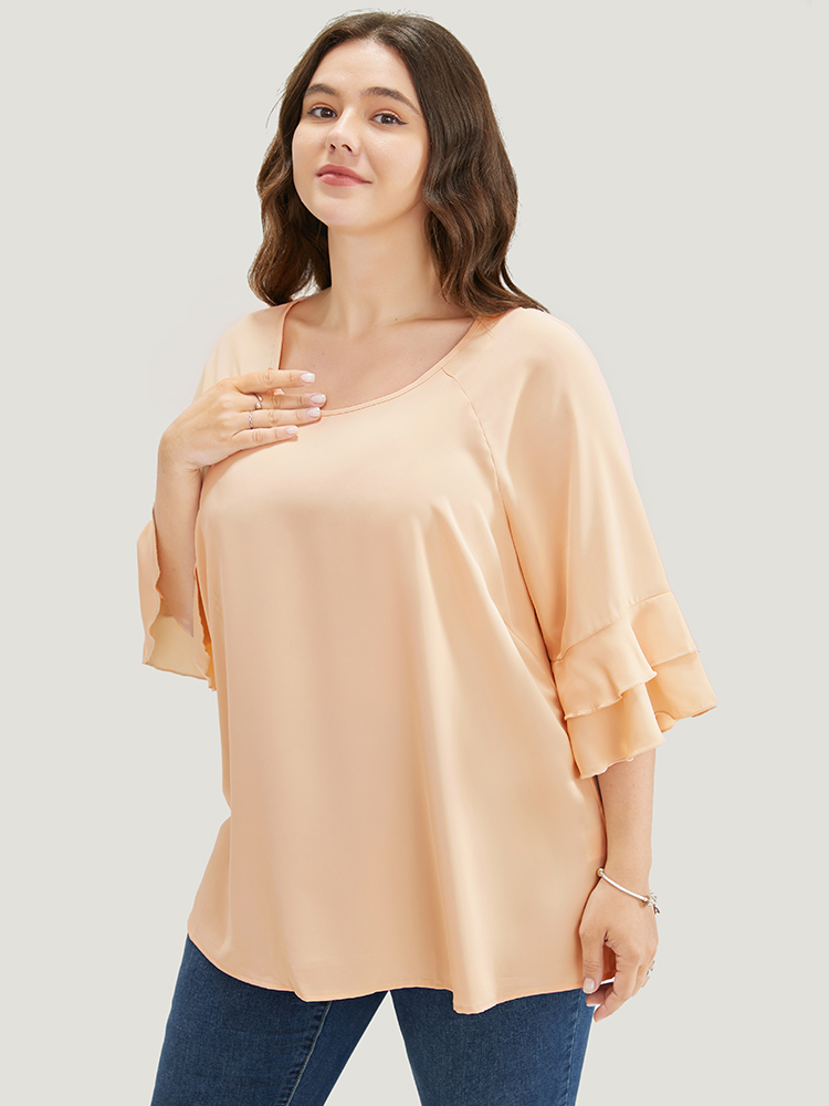 

Plus Size Apricot Plain Ruffle Tiered Round Neck Blouse Women Work From Home Elbow-length sleeve Round Neck Work Blouses BloomChic