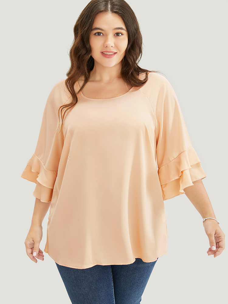

Plus Size Apricot Plain Ruffle Tiered Round Neck Blouse Women Work From Home Elbow-length sleeve Round Neck Work Blouses BloomChic