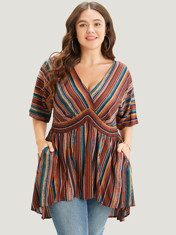 

Plus Size DarkBrown Striped Contrast Shirred Wrap High Low Hem Pocket Blouse Women Vacation Short sleeve V-neck Vacation Blouses BloomChic