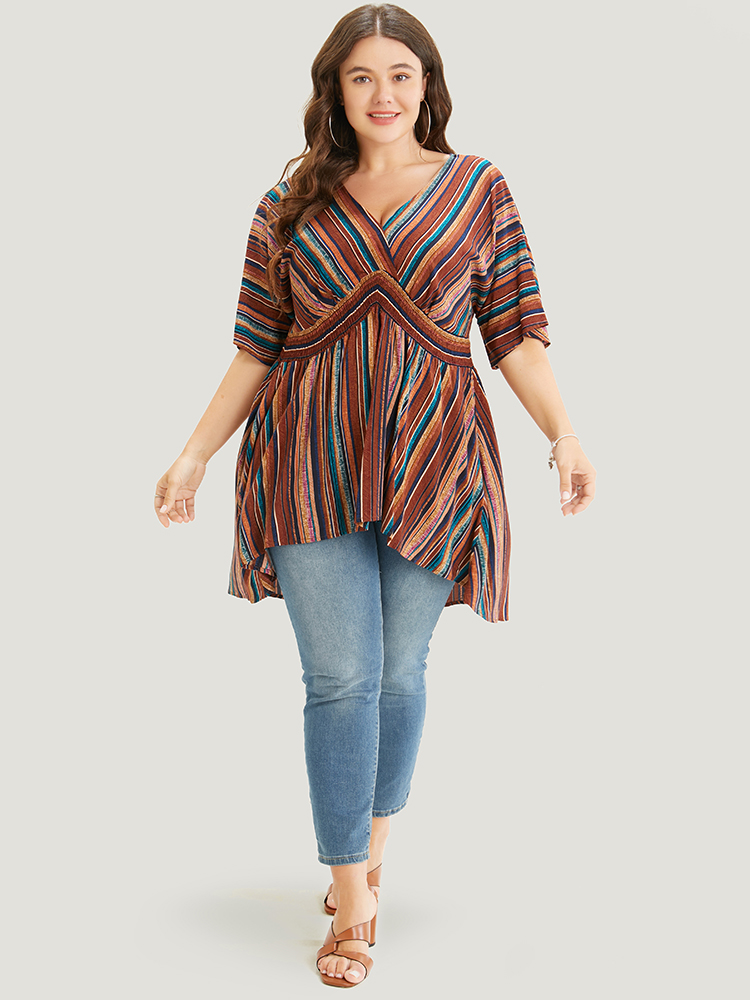 Plus Size DarkBrown Striped Contrast Shirred Wrap High Low Hem Pocket Blouse Women Vacation Short sleeve V-neck Vacation Blouses BloomChic 28/5X 