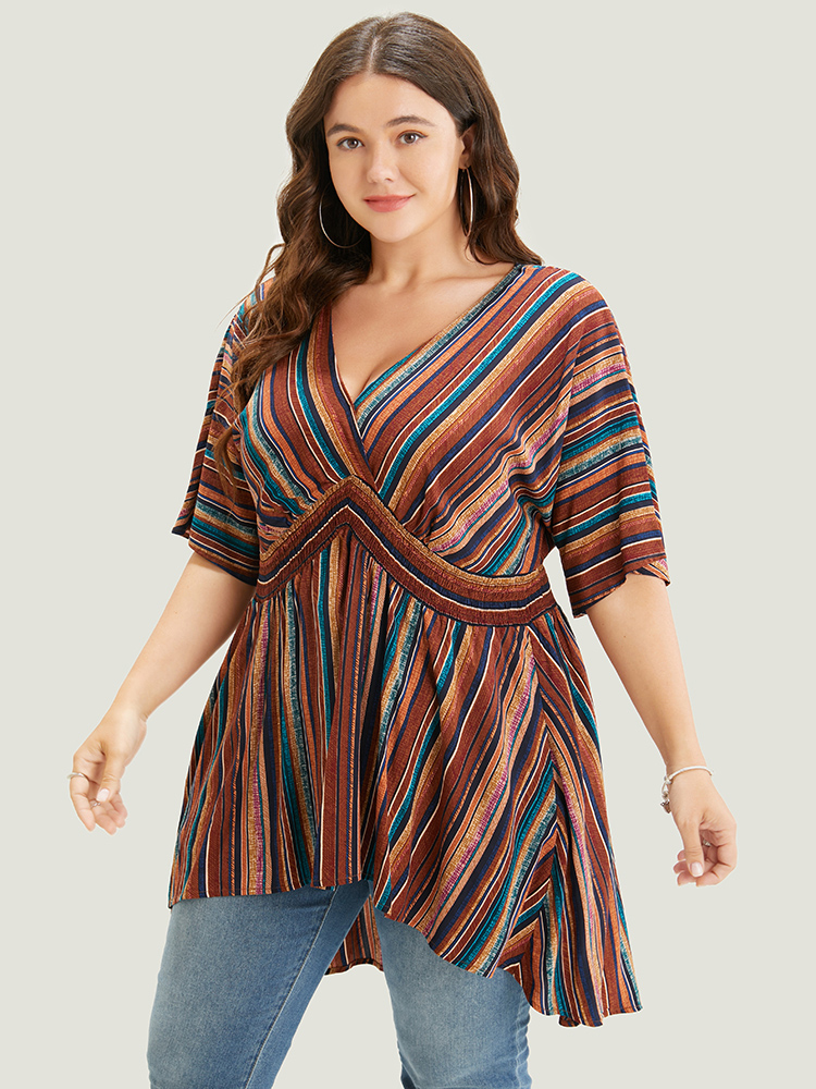 Plus Size DarkBrown Striped Contrast Shirred Wrap High Low Hem Pocket Blouse Women Vacation Short sleeve V-neck Vacation Blouses BloomChic 28/5X 