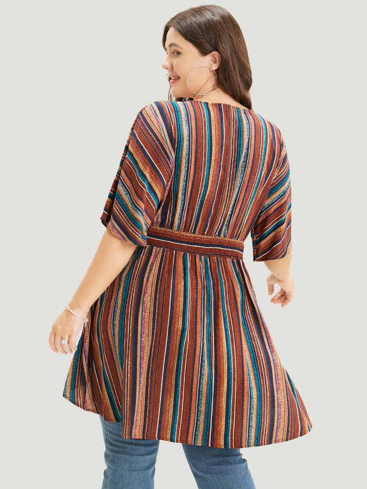 Plus Size DarkBrown Striped Contrast Shirred Wrap High Low Hem Pocket Blouse Women Vacation Short sleeve V-neck Vacation Blouses BloomChic 28/5X 