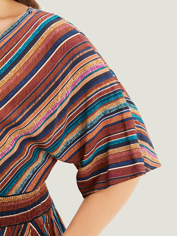 Plus Size DarkBrown Striped Contrast Shirred Wrap High Low Hem Pocket Blouse Women Vacation Short sleeve V-neck Vacation Blouses BloomChic 28/5X 