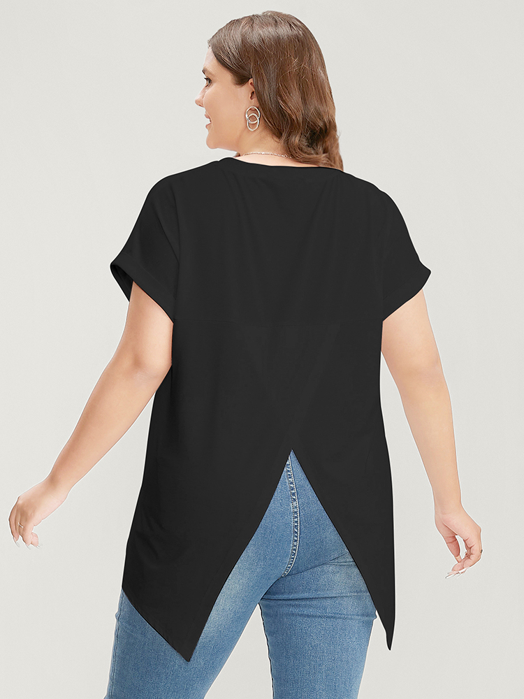 

Plus Size Solid Round Neck Crossover Back T-shirt Black Casual Jersey Tops