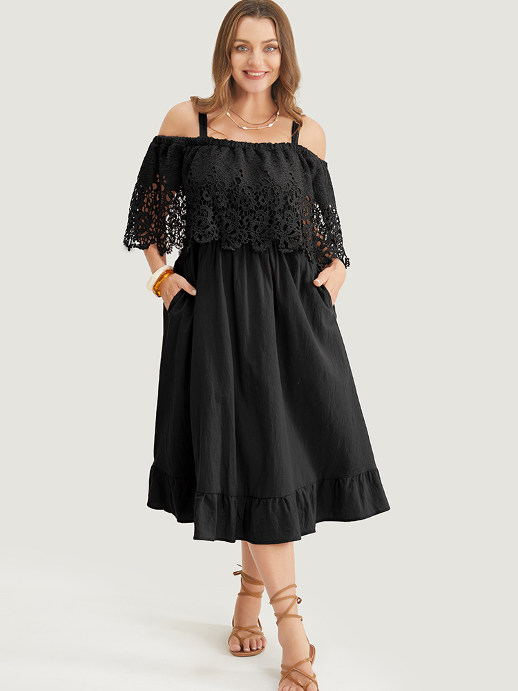 

Plus Size Solid Cold Shoulder Contrast Lace Pocket Ruffle Hem Dress Black Women Broderie anglaise Non Curvy Midi Dress BloomChic
