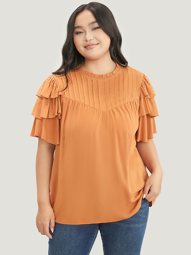 Plus Size Women Dailywear Plain Ruffles Ruffle Sleeve Short sleeve Round Neck Elegant Blouses BloomChic 