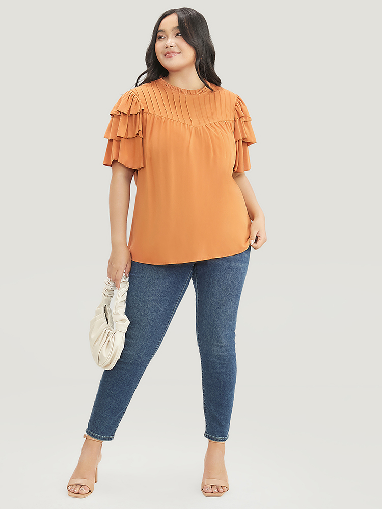 Plus Size Women Dailywear Plain Ruffles Ruffle Sleeve Short sleeve Round Neck Elegant Blouses BloomChic 