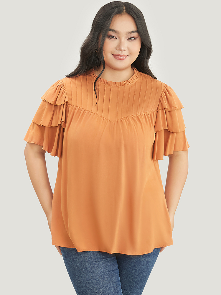 Plus Size Women Dailywear Plain Ruffles Ruffle Sleeve Short sleeve Round Neck Elegant Blouses BloomChic 