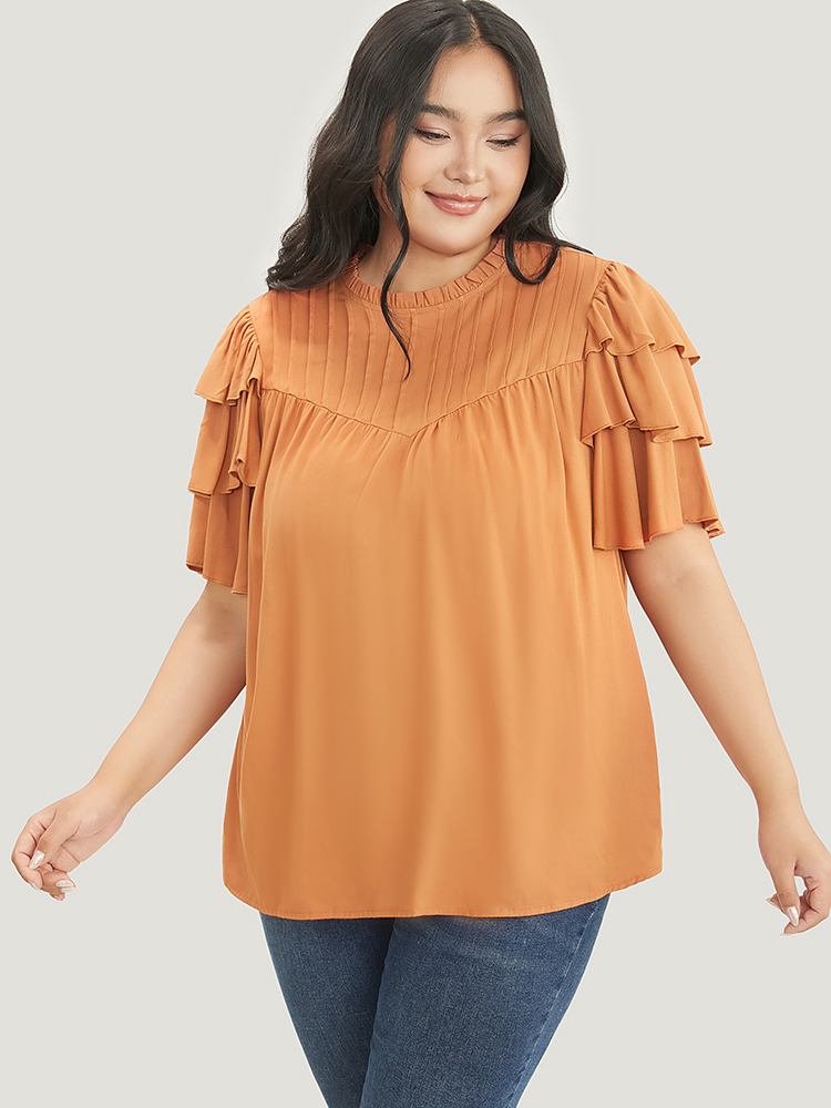 Plus Size Women Dailywear Plain Ruffles Ruffle Sleeve Short sleeve Round Neck Elegant Blouses BloomChic 