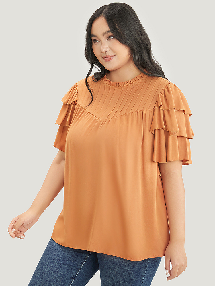 Plus Size Women Dailywear Plain Ruffles Ruffle Sleeve Short sleeve Round Neck Elegant Blouses BloomChic 