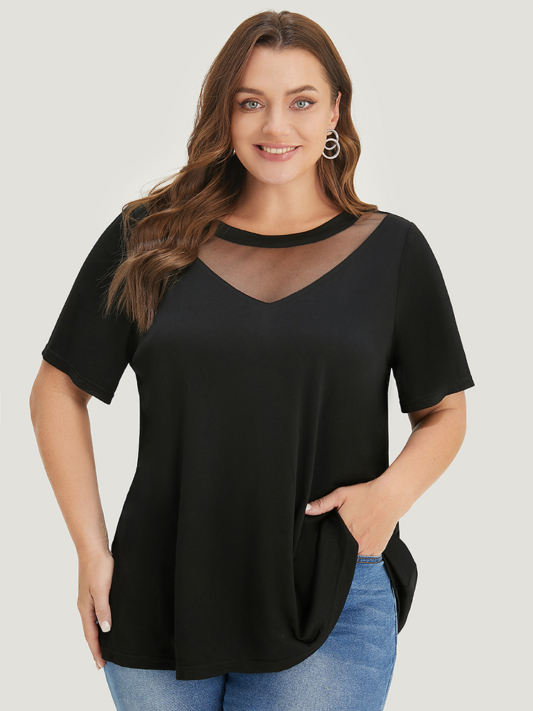 

Plus Size Solid Round Neck Mesh Patchwork T-shirt Black Women Elegant See through Plain Round Neck Dailywear T-shirts BloomChic