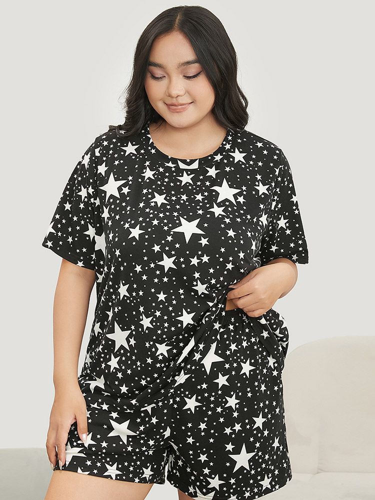 

Plus Size Star Print Crew Neck Sleep Top Black Moon and Star Short sleeve Round Neck Dailywear Casual  Bloomchic