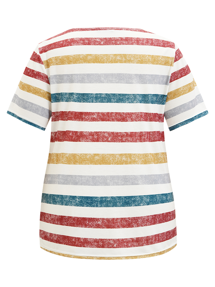Plus Size Striped Contrast V Neck T-shirt Multicolor Women Casual Striped V-neck Everyday T-shirts BloomChic 14-16/1X 