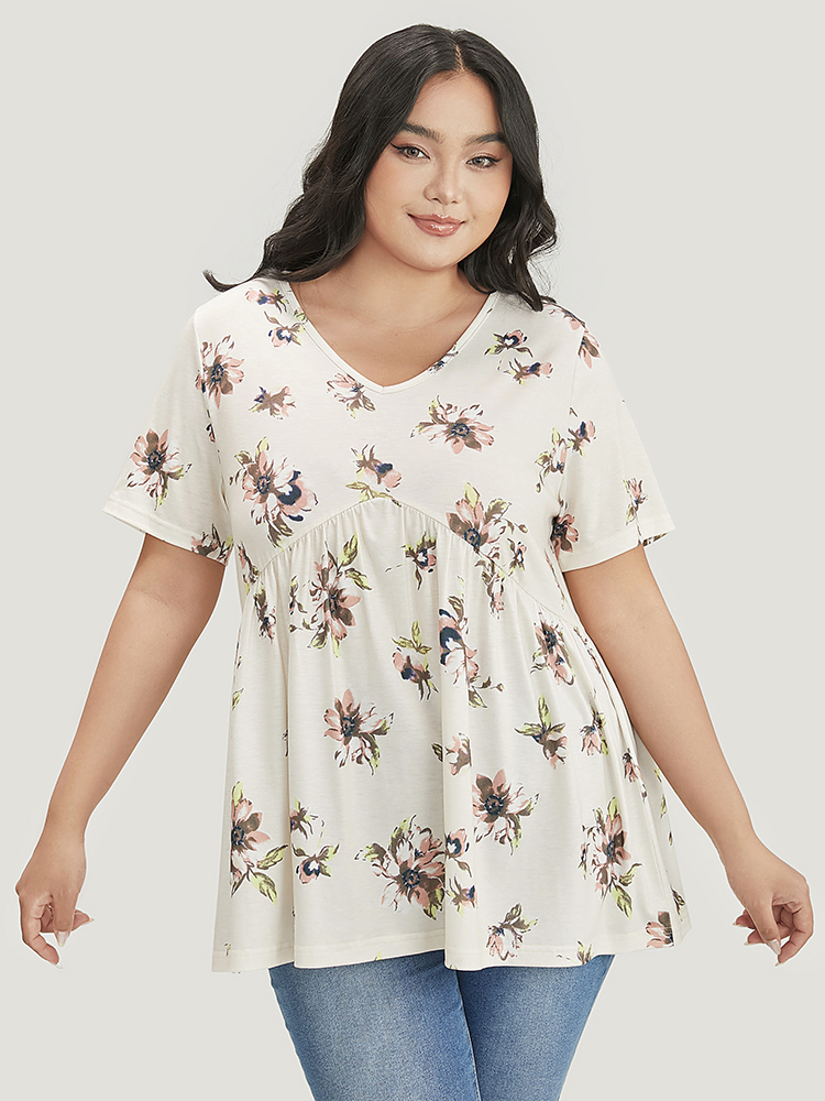 

Plus Size Floral Print Flutter Hem V Neck T-shirt Apricot V-neck Short sleeve Elegant Jersey Tops