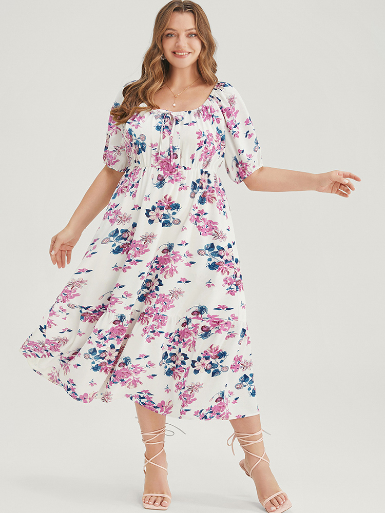 

Plus Size Floral Puff Sleeve Pocket Knot Front Scoop Neck Flutter Dress White Women Elegant Lined Scoop Neck Short sleeve Curvy Midi Dress BloomChic