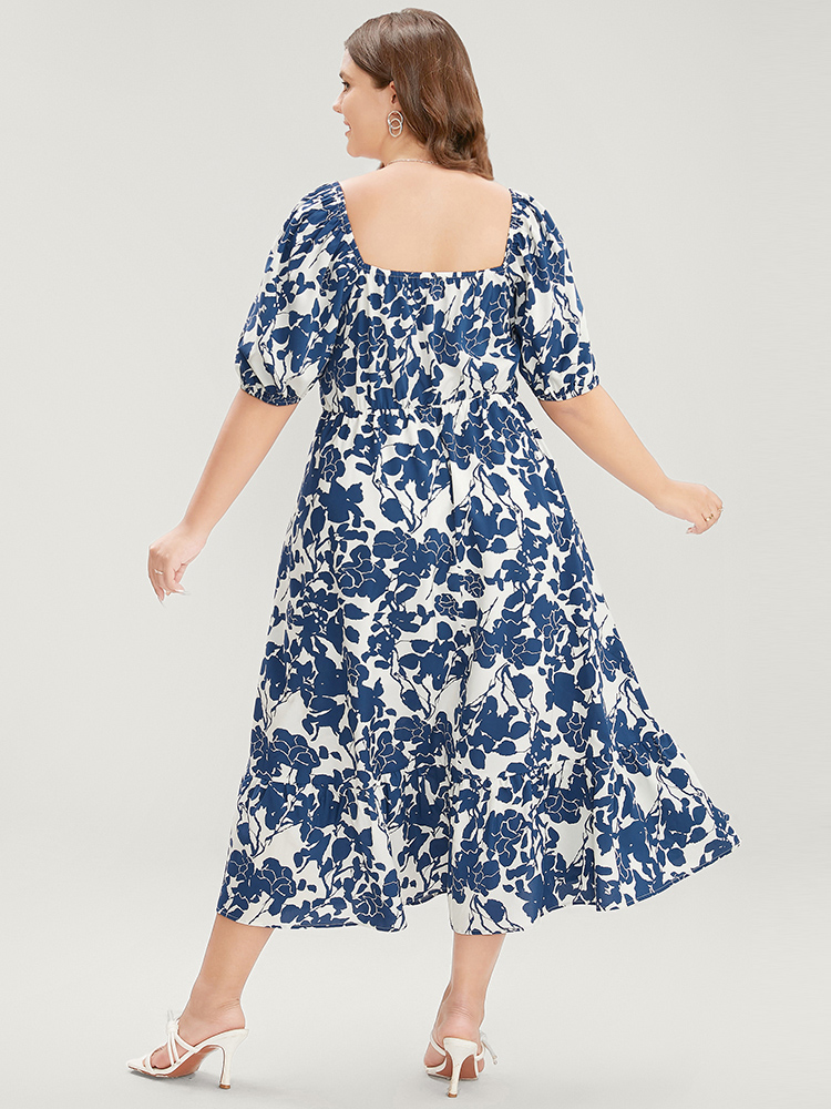 Plus Size Floral Print Pocket Puff Sleeve Ruched Pocket Ruffle Hem Dress DarkBlue Women Elegant Pocket V-neck Short sleeve Curvy Midi Dress BloomChic 26/4X 