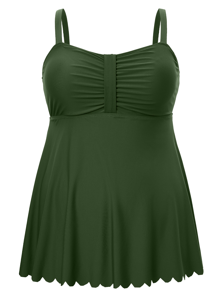 

Plus Size Ruched Scalloped Trim Adjustable Straps Tankini Top Women's Swimwear ArmyGreen Vacation Adjustable Straps High stretch Bodycon Heart neckline Curve Swim Tops BloomChic