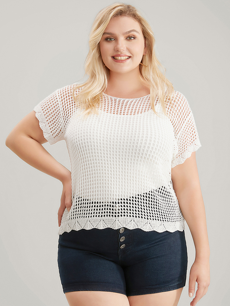 

Plus Size Plain Hollow Out Scalloped Trim Knit Top White Women Casual Short sleeve Dailywear Pullovers BloomChic