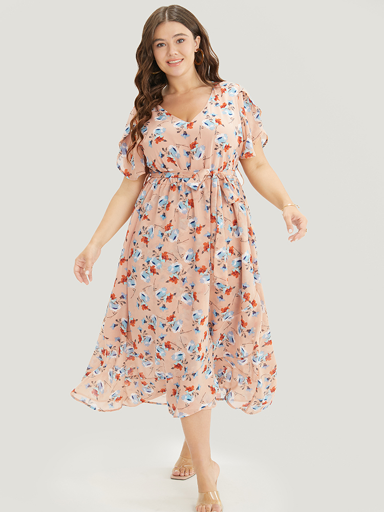 Plus Size Floral Pocket Ruffles Split Sleeve Asymmetrical Hem Dress Rouge Women Elegant See through V-neck Short sleeve Curvy Long Dress BloomChic 12/L 