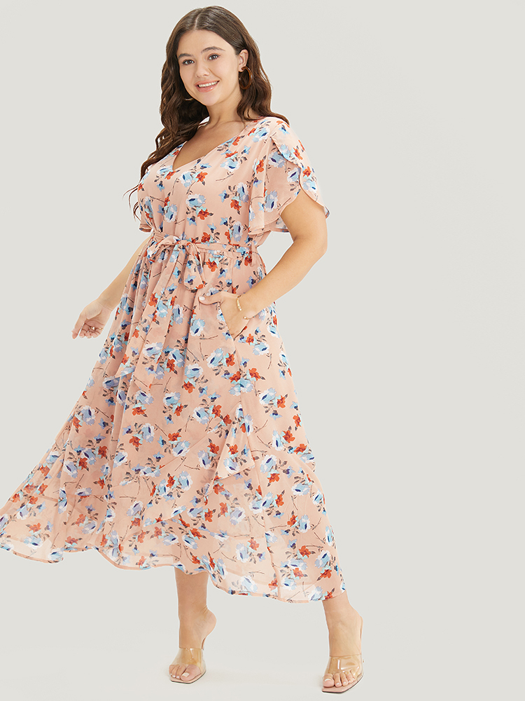 Plus Size Floral Pocket Ruffles Split Sleeve Asymmetrical Hem Dress Rouge Women Elegant See through V-neck Short sleeve Curvy Long Dress BloomChic 12/L 