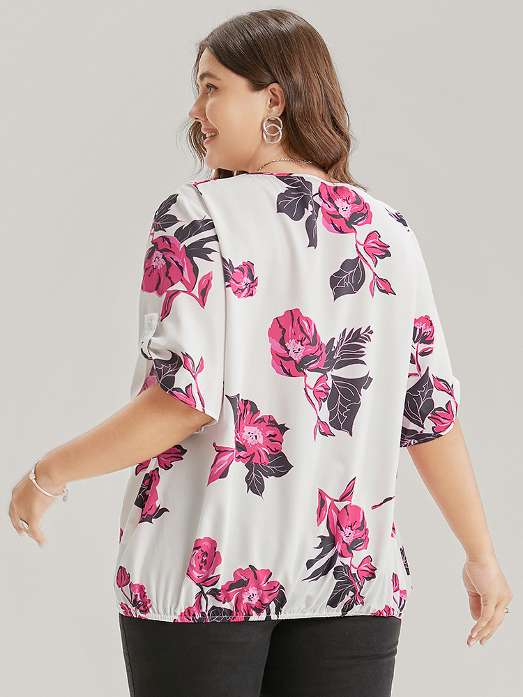 

Plus Size White Floral Print Cuffed Sleeve Wrap Blouse Women Elegant Short sleeve V-neck Dailywear Blouses BloomChic