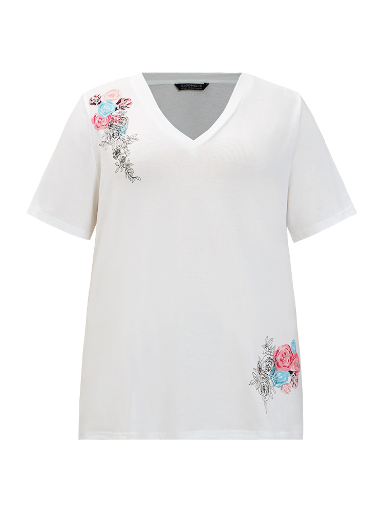 Plus Size Women Dailywear Floral Printed Regular Sleeve Short sleeve V-neck Casual T-shirts BloomChic 