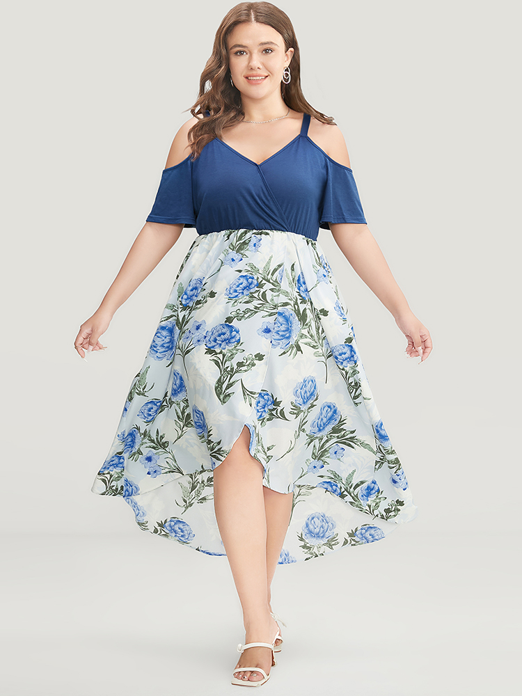 Plus Size Floral Patchwork Cold Shoulder Pocket Asymmetrical Hem Dress Indigo Women Elegant Adjustable Straps Cold Shoulder Short sleeve Curvy Midi Dress BloomChic 12/L 