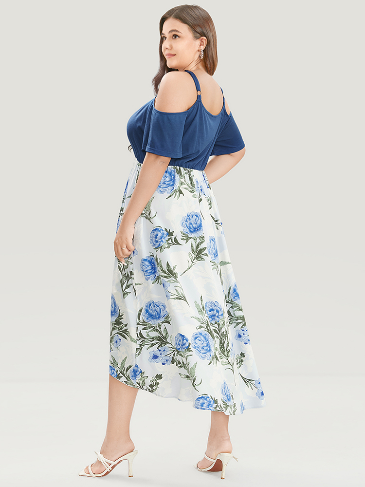 Plus Size Floral Patchwork Cold Shoulder Pocket Asymmetrical Hem Dress Indigo Women Elegant Adjustable Straps Cold Shoulder Short sleeve Curvy Midi Dress BloomChic 12/L 