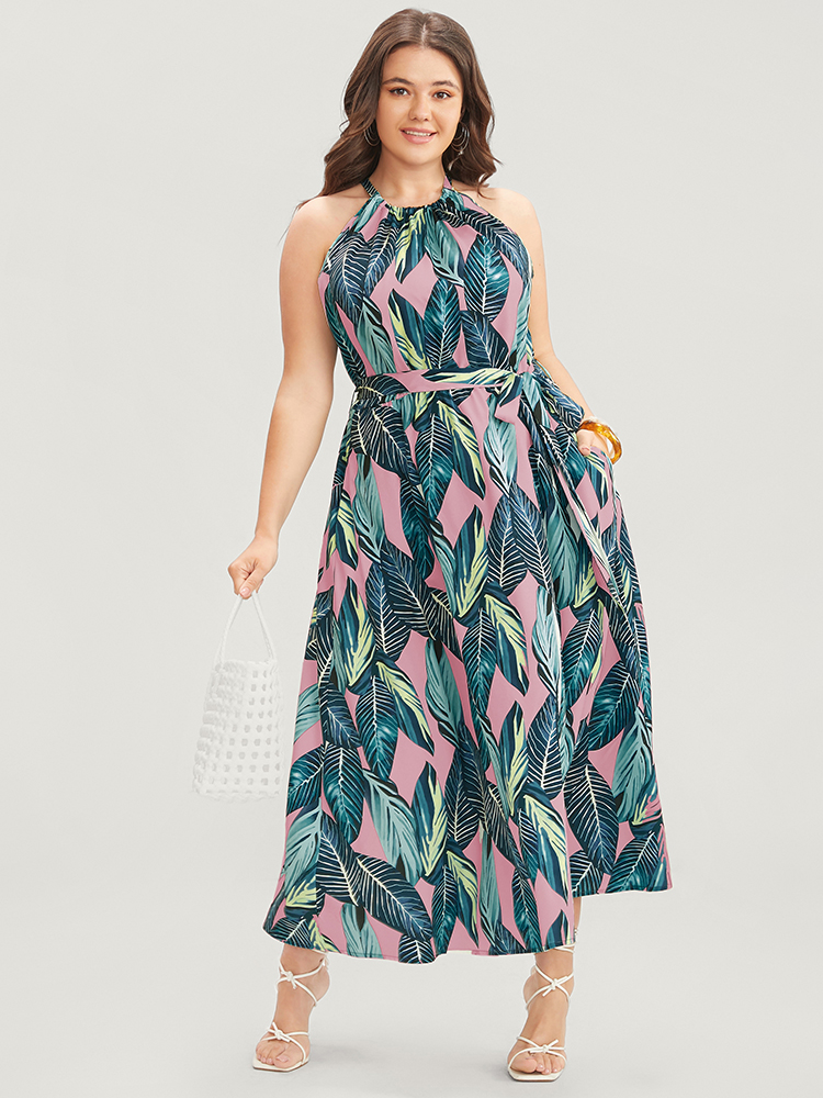 

Plus Size Tropical Print Knotted Pocket Ruffles Belted Halter Dress DustyPink Women Resort Non Halter neck Sleeveless Curvy Midi Dress BloomChic