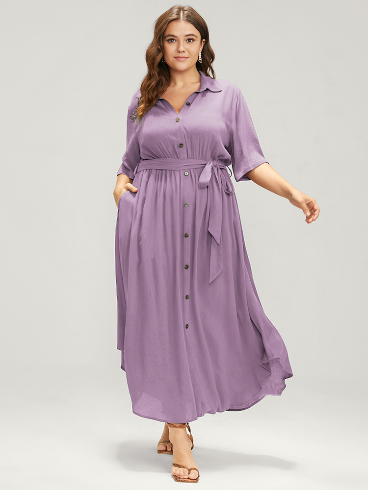 

Belted Shirt Collar Button Plus Size Shirtdress Women Workleisure Plain Sleeve Short Sleeve Shirt Collar Pocket Workwear Long Dress BloomChic, Lilac