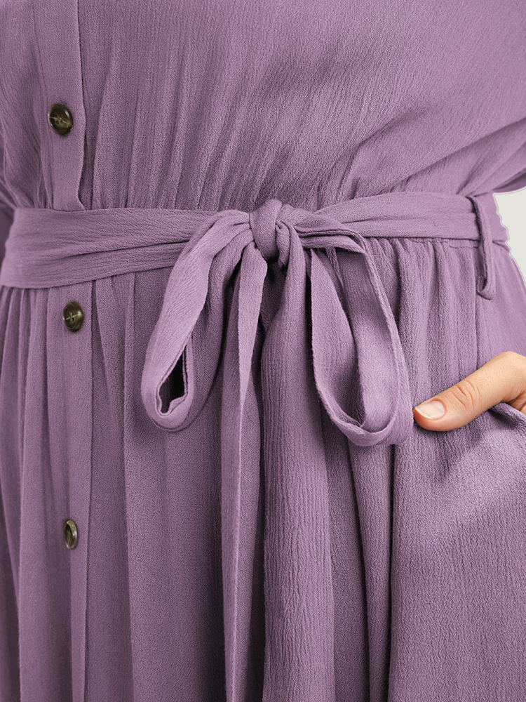 

Belted Shirt Collar Button Plus Size Shirtdress Women Workleisure Plain Sleeve Short Sleeve Shirt Collar Pocket Workwear Long Dress BloomChic, Lilac