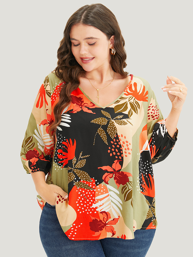 

Plus Size BlackFlower Plant Print Lantern Sleeve V Neck Blouse Women Vacation Elbow-length sleeve V-neck Dailywear Blouses BloomChic