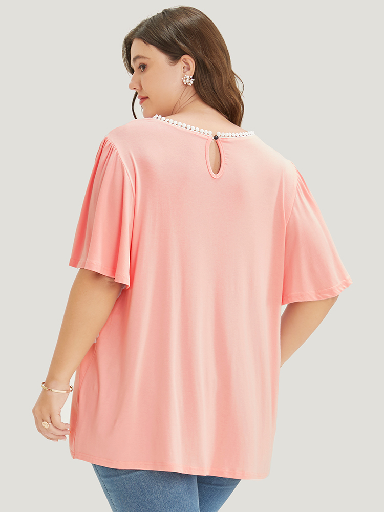 

Plus Size Floral Embroidered Ruffle Sleeve Keyhole Round Neck T-shirt Pink Round Neck Short sleeve Elegant Jersey Tops