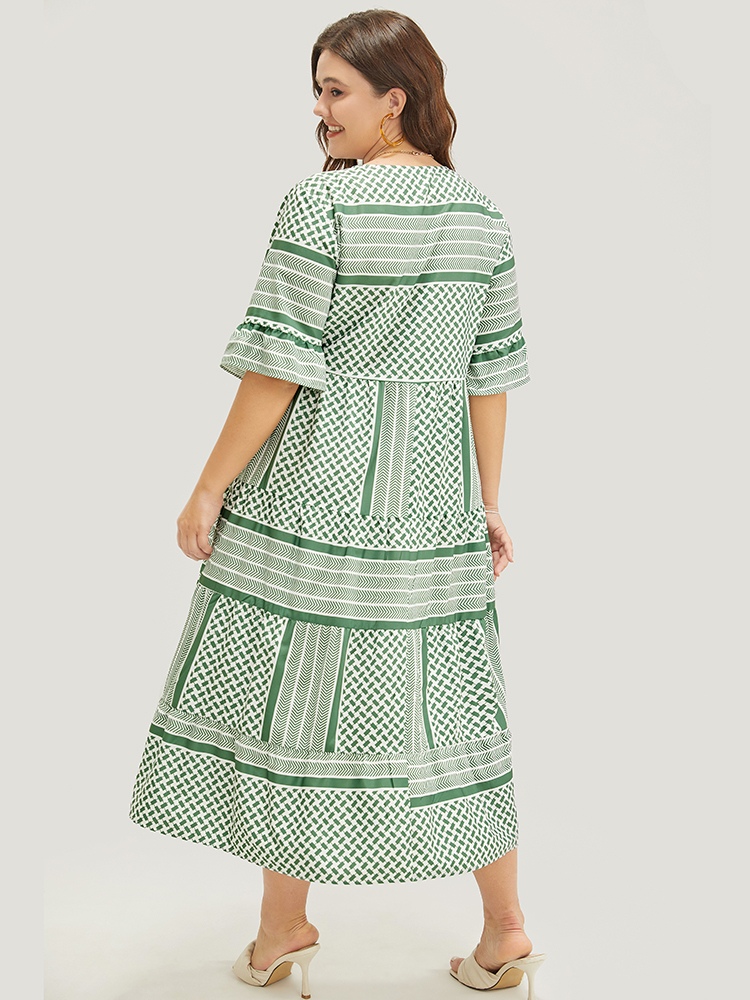 

Plus Size Striped Geometric Ruffle Sleeve Patchwork Pocket Flutter Dress Mint Women Vacation Patchwork V-neck Elbow-length sleeve Curvy Midi Dress BloomChic