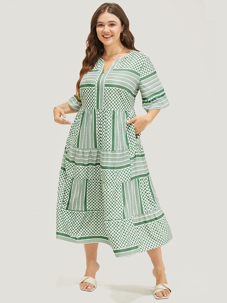 Plus Size Striped Geometric Ruffle Sleeve Patchwork Pocket Flutter Dress Mint Women Vacation Patchwork V-neck Elbow-length sleeve Curvy Midi Dress BloomChic 14-16/1X 