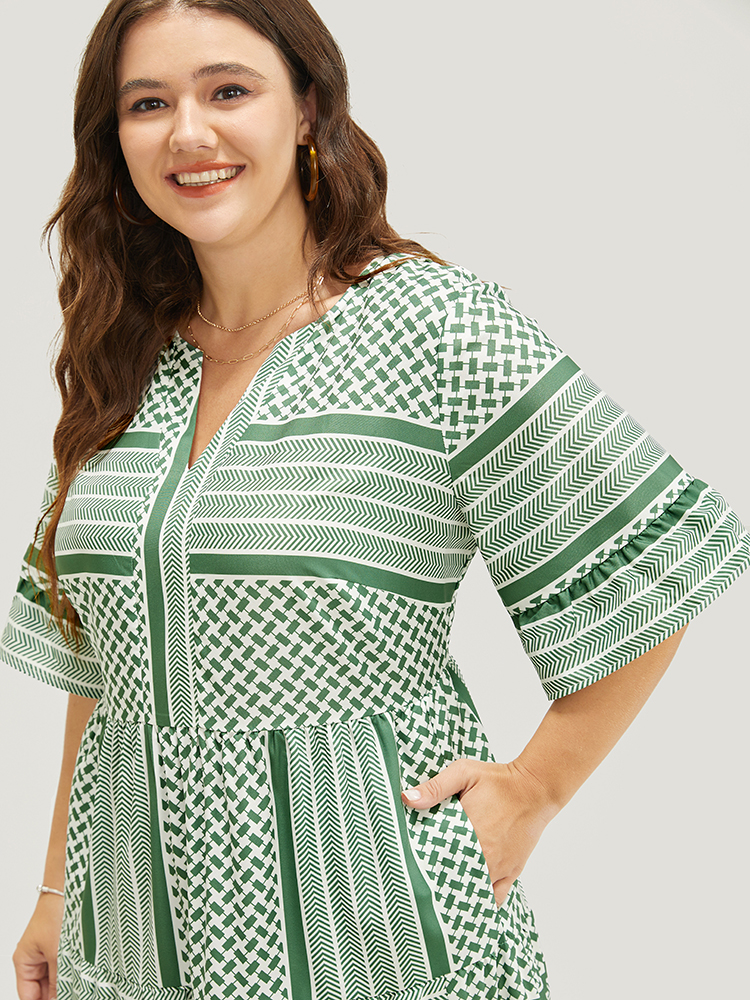 Plus Size Striped Geometric Ruffle Sleeve Patchwork Pocket Flutter Dress Mint Women Vacation Patchwork V-neck Elbow-length sleeve Curvy Midi Dress BloomChic 14-16/1X 