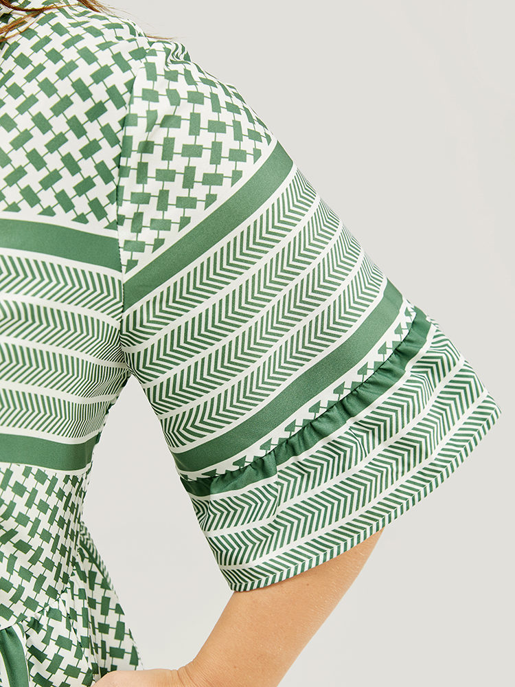 Plus Size Striped Geometric Ruffle Sleeve Patchwork Pocket Flutter Dress Mint Women Vacation Patchwork V-neck Elbow-length sleeve Curvy Midi Dress BloomChic 14-16/1X 