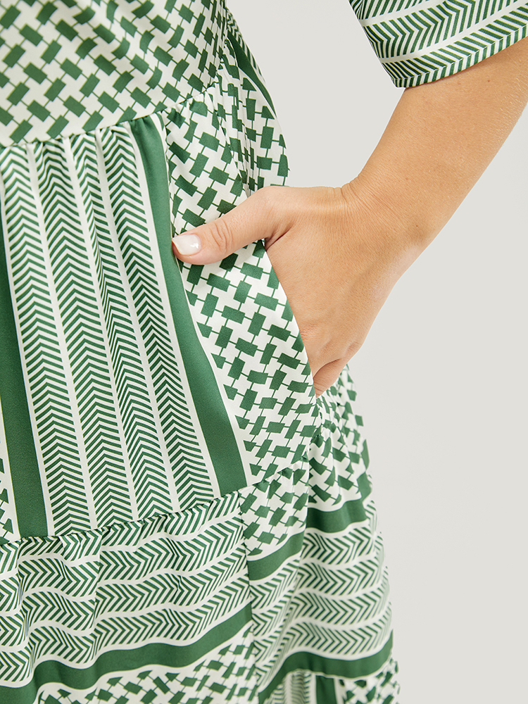 Plus Size Striped Geometric Ruffle Sleeve Patchwork Pocket Flutter Dress Mint Women Vacation Patchwork V-neck Elbow-length sleeve Curvy Midi Dress BloomChic 14-16/1X 