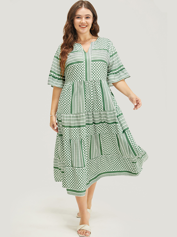Plus Size Striped Geometric Ruffle Sleeve Patchwork Pocket Flutter Dress Mint Women Vacation Patchwork V-neck Elbow-length sleeve Curvy Midi Dress BloomChic 14-16/1X 