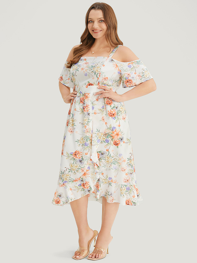 

Plus Size Floral Print Cold Shoulder Pocket Split Ruffle Trim Dress WhiteSmoke Women Elegant Adjustable Straps Cold Shoulder Short sleeve Curvy Midi Dress BloomChic