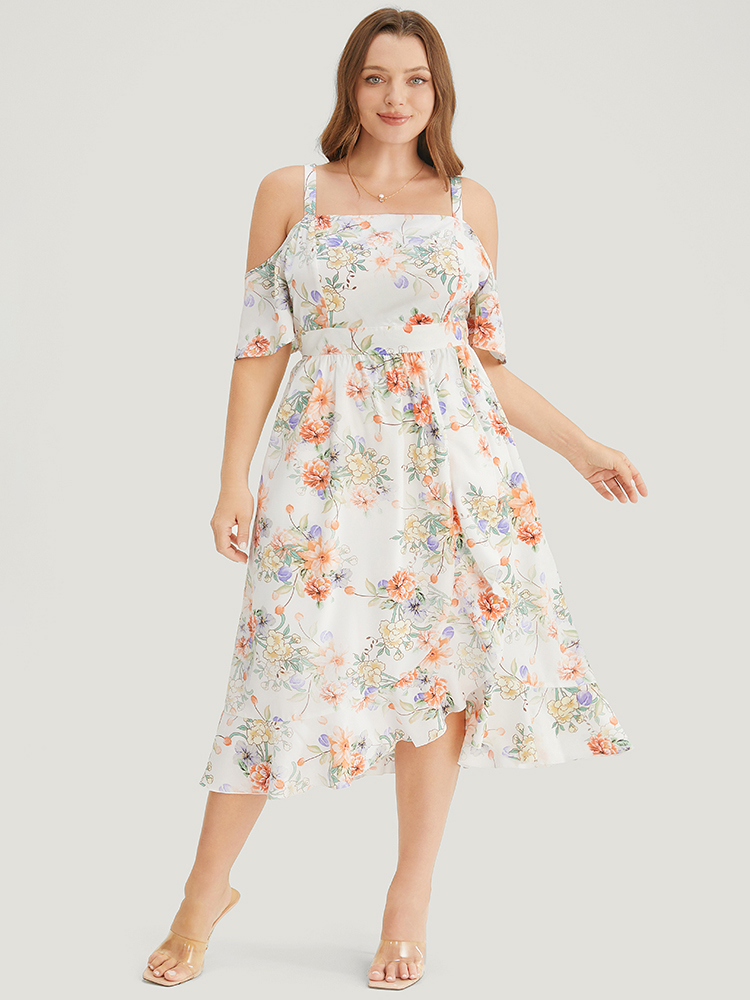 Plus Size Floral Print Cold Shoulder Pocket Split Ruffle Trim Dress WhiteSmoke Women Elegant Adjustable Straps Cold Shoulder Short sleeve Curvy Midi Dress BloomChic 14-16/1X 