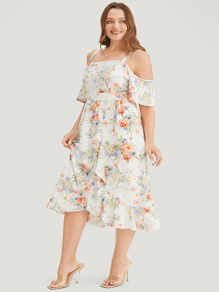 Plus Size Floral Print Cold Shoulder Pocket Split Ruffle Trim Dress WhiteSmoke Women Elegant Adjustable Straps Cold Shoulder Short sleeve Curvy Midi Dress BloomChic 14-16/1X 