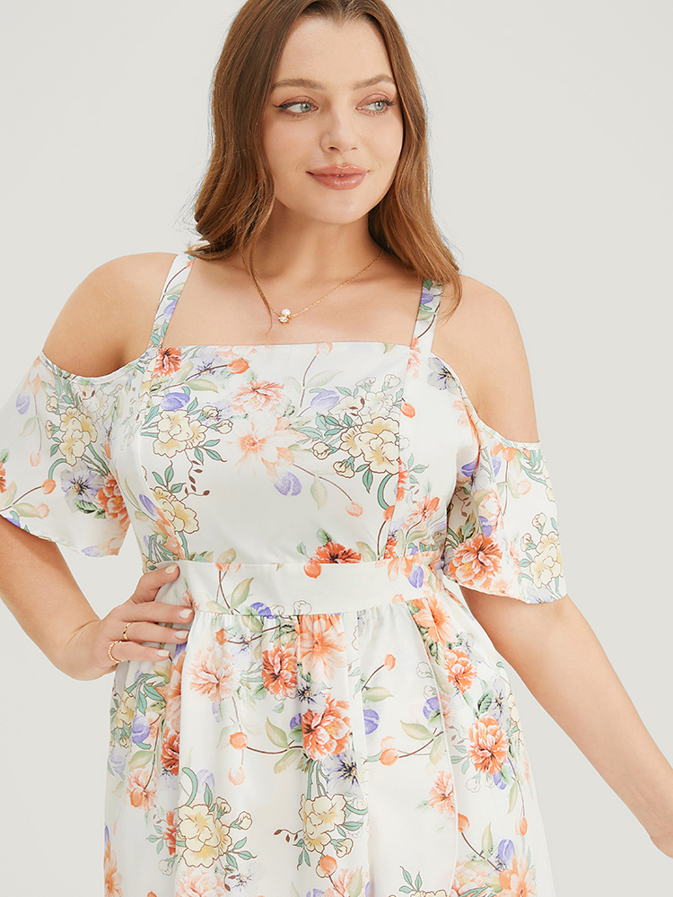 Plus Size Floral Print Cold Shoulder Pocket Split Ruffle Trim Dress WhiteSmoke Women Elegant Adjustable Straps Cold Shoulder Short sleeve Curvy Midi Dress BloomChic 14-16/1X 
