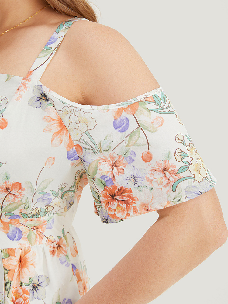 Plus Size Floral Print Cold Shoulder Pocket Split Ruffle Trim Dress WhiteSmoke Women Elegant Adjustable Straps Cold Shoulder Short sleeve Curvy Midi Dress BloomChic 14-16/1X 