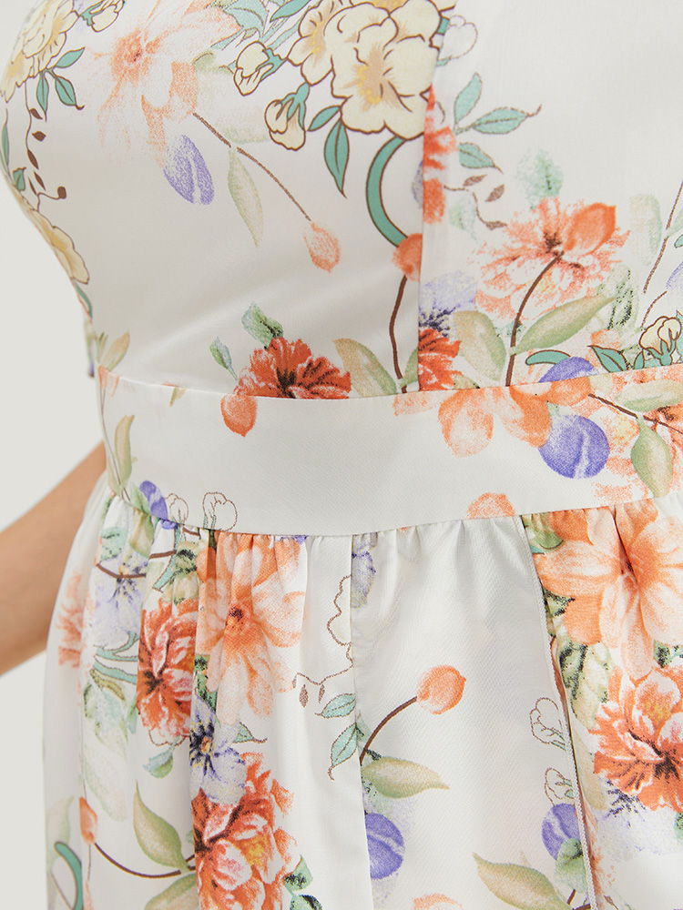 Plus Size Floral Print Cold Shoulder Pocket Split Ruffle Trim Dress WhiteSmoke Women Elegant Adjustable Straps Cold Shoulder Short sleeve Curvy Midi Dress BloomChic 14-16/1X 